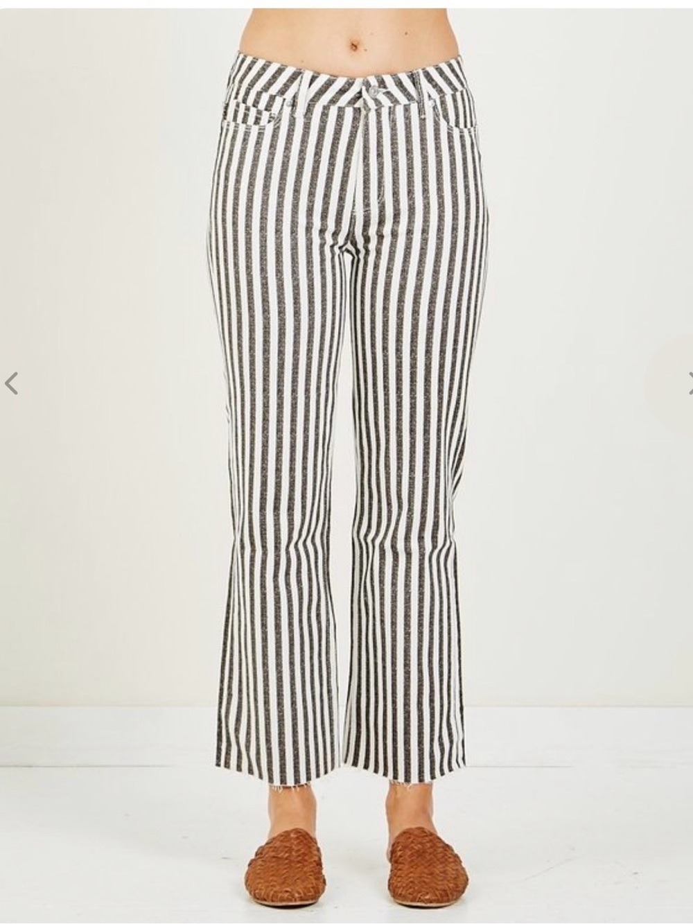 PAIGE Atley Ankle Flare Black & White Vertical Stripe Wide-Leg Jeans Raw Hem 28